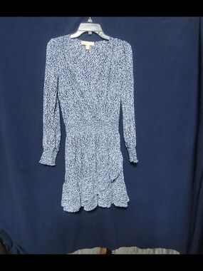 Michael Kors Navy & White Printed Long-Sleeve Midi Dress